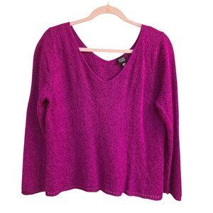 Eileen Fisher Fuchsia Magenta Pink Silk Mohair V Neck Cutout Hem Sweater L